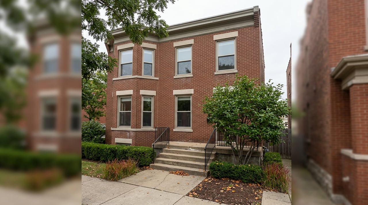 Two-story brick facade with a projecting bay window, raised stoop, iron rail, and clipped hedges.