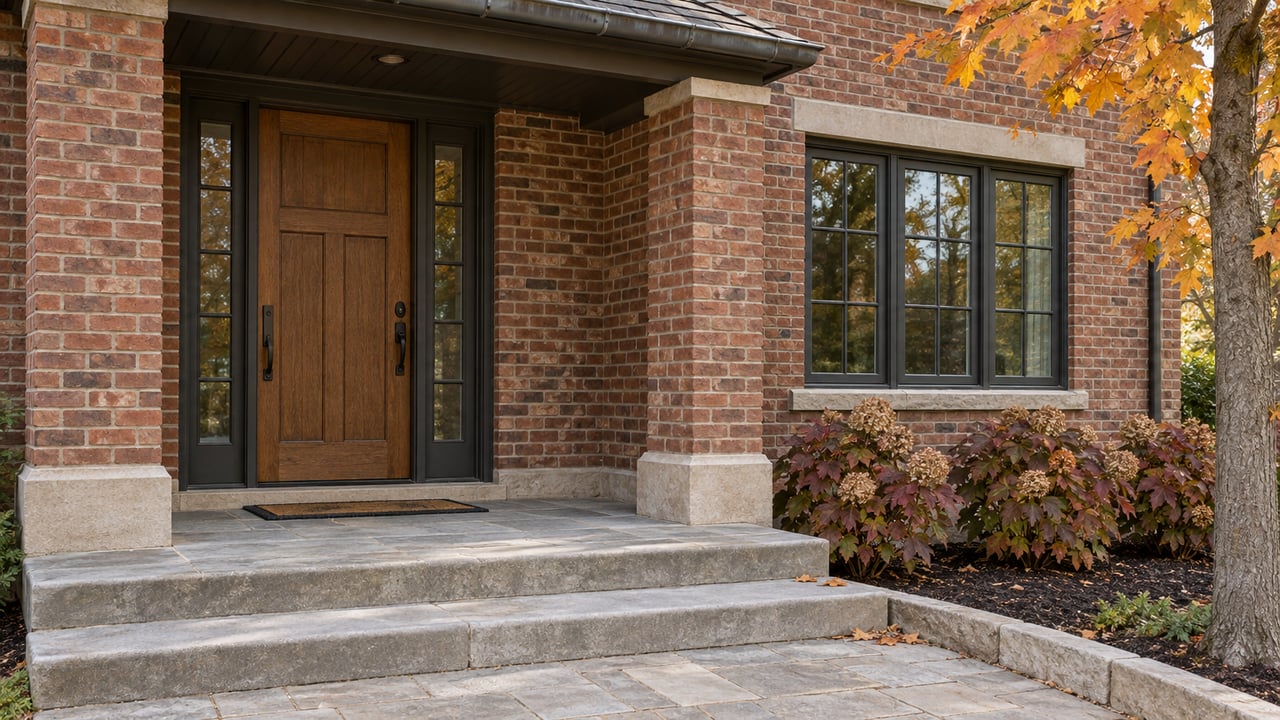 Brick home entrance with an oak door, limestone steps and autumn hydrangeas beneath a sheltered porch.