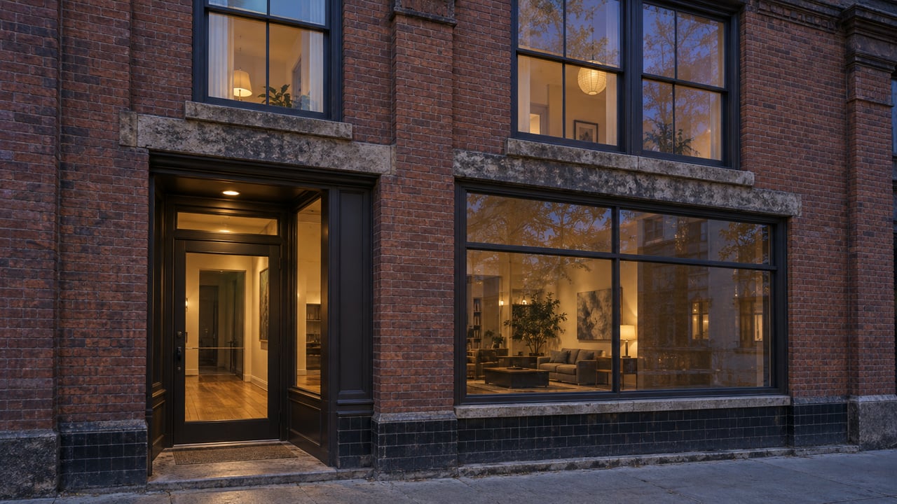 Russet brick storefront with a recessed glass entrance, broad display window, and warm light behind the panes.