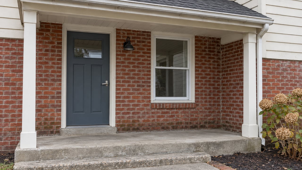 A small covered porch with aged red brick, cream wood siding, a slate-blue door and weathered concrete steps.