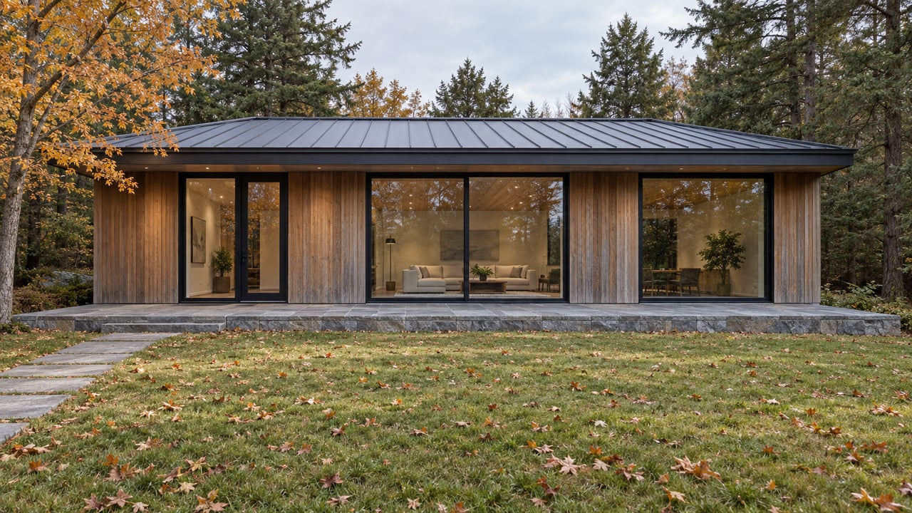 Cedar-and-glass contemporary home beyond a deep autumn lawn, framed by mature hemlocks and an amber sugar maple.