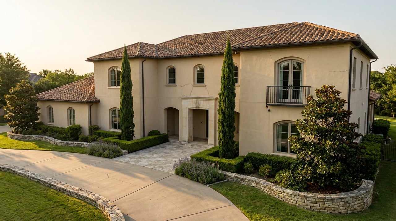 Two-story stucco estate with an aged tile roof, arched windows, and a cypress-flanked stone entry court.