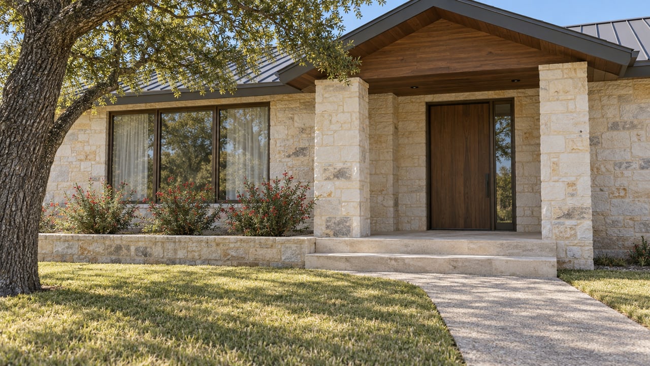 Limestone home with a walnut entry door, bronze-framed window, stone porch steps, and a lawn beneath a spreading live oak.