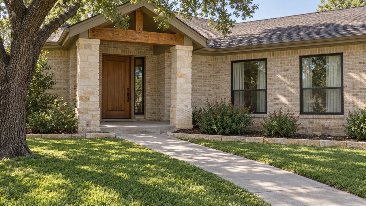 Pale brick home with a limestone-supported covered entry, oak door, dark-framed windows and a concrete approach across a green lawn.