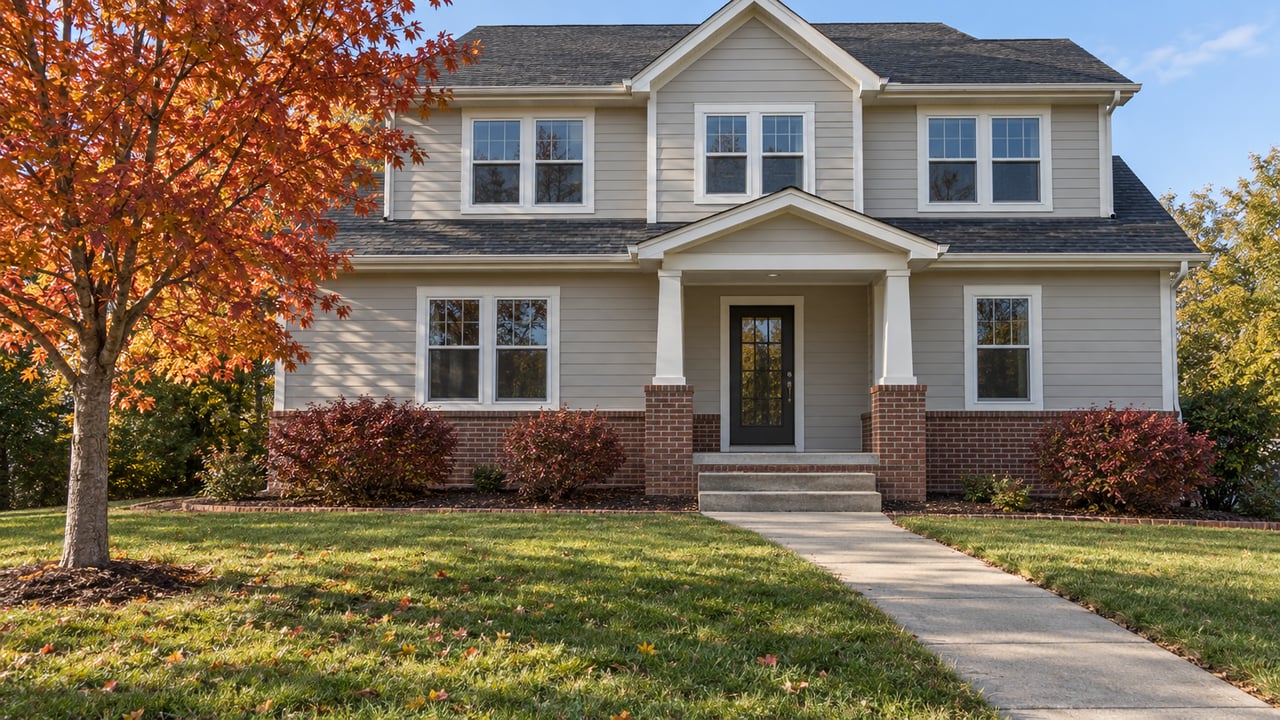 Two-story gray-sided home with a brick foundation, covered porch and concrete approach across an autumn lawn.