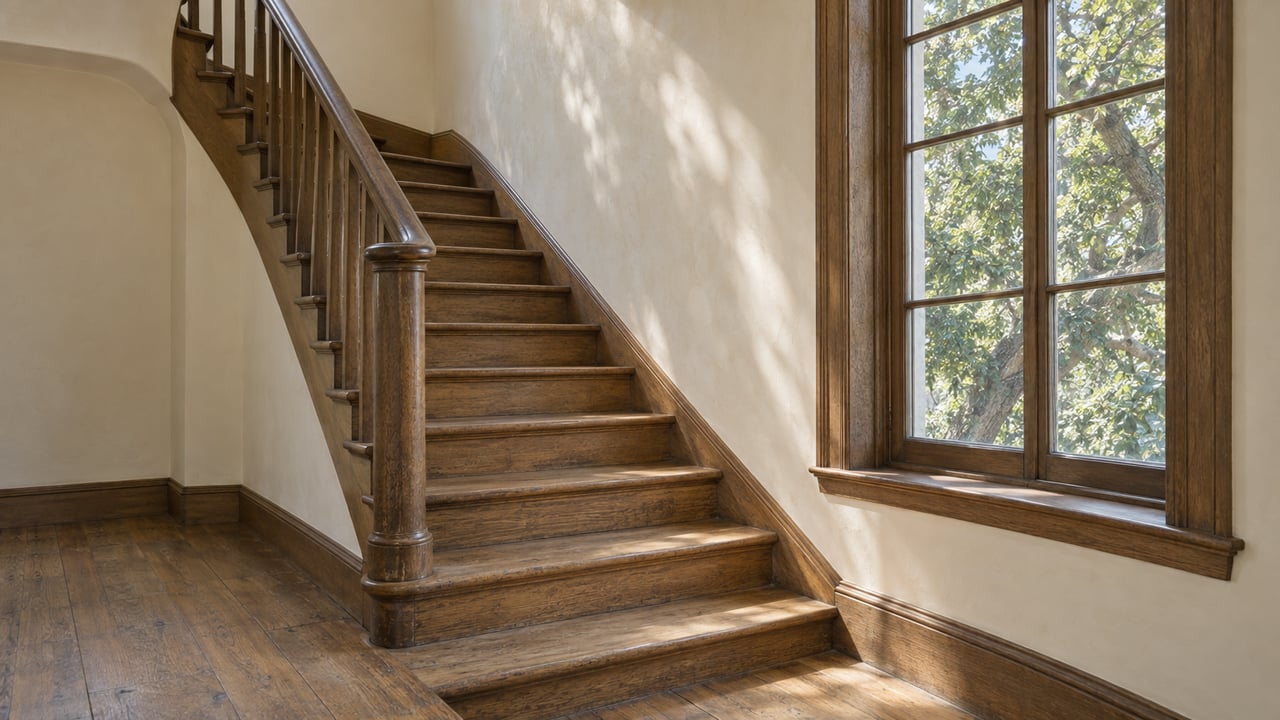Oak staircase with a polished handrail beside a tall window overlooking leafy branches.