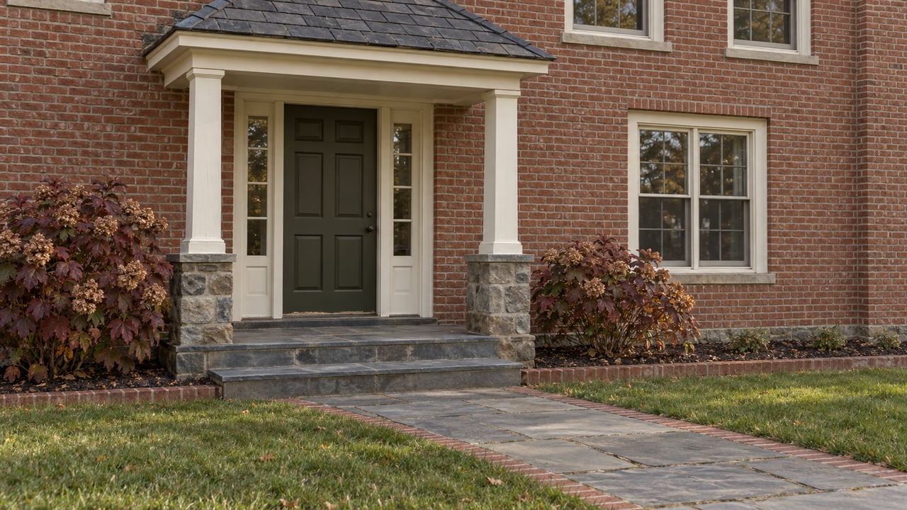 Brick home with an olive front door, cream portico, bluestone approach, and burgundy oakleaf hydrangeas beside a green autumn lawn.