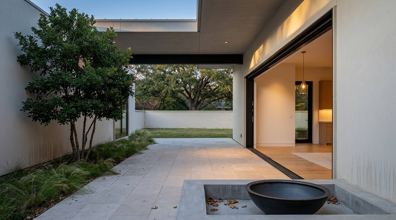 Open glass wall reveals a lit great room beyond a limestone patio and steel fire bowl.