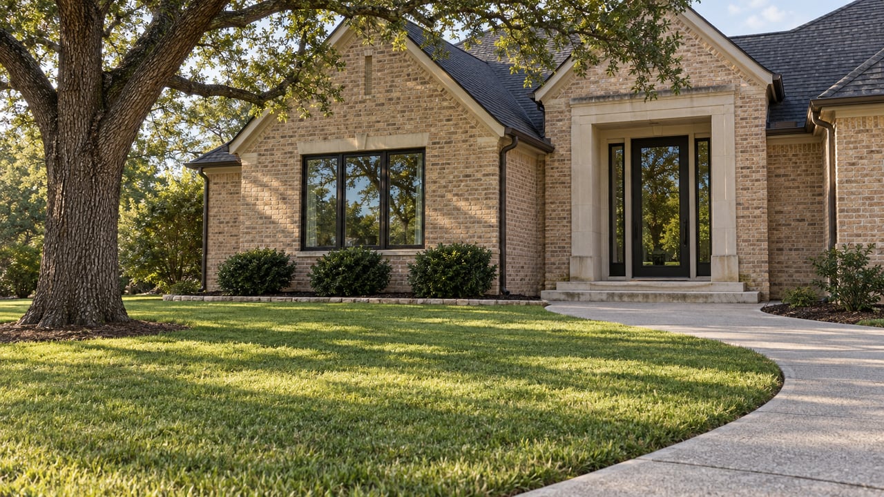 Buff-brick home with a black-framed glass entrance, curved concrete walk, deep lawn and mature oak in afternoon light.