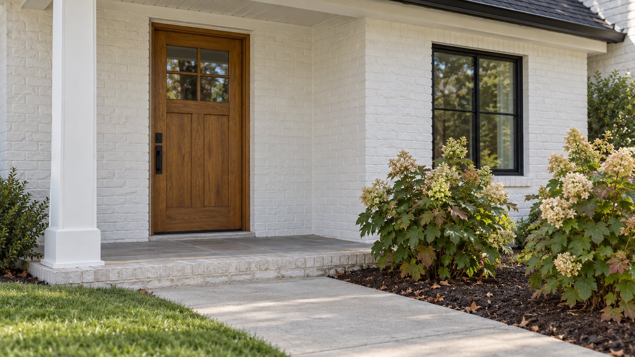 White brick entry with an oak door, black-framed window, hydrangeas, and a concrete approach.