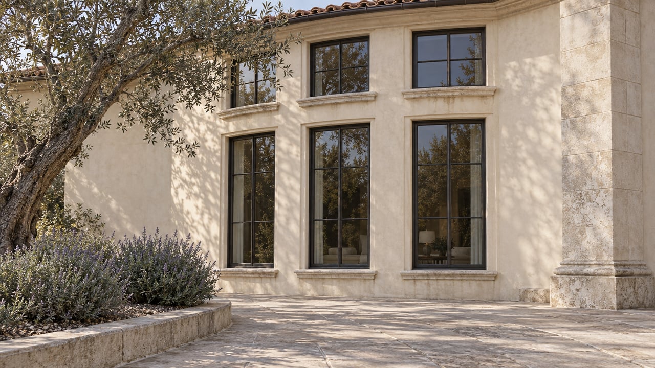 Cream stucco residence with a curved bay of bronze steel windows, weathered limestone terrace, clay roof tiles and a mature olive tree.