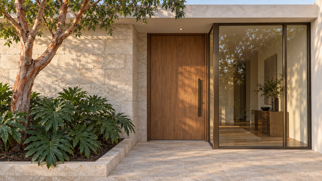 Limestone home entry with a recessed teak door, bronze-framed foyer glazing, and sculptural tropical planting.