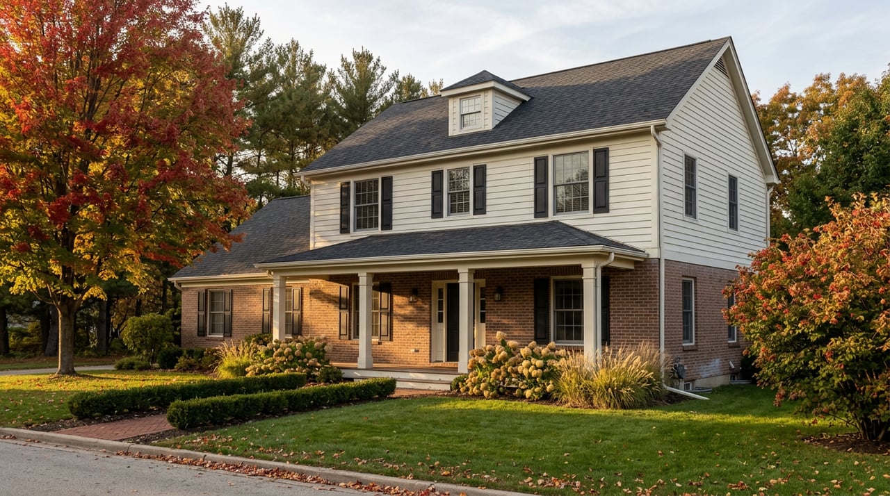 Two-story brick-and-ivory house with a white porch, broad lawn, and red-gold autumn trees.