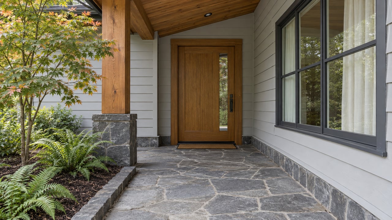 Covered home entry with pale gray lap siding, cedar beams, a stained oak door and basalt paving beside a vine maple and sword ferns.