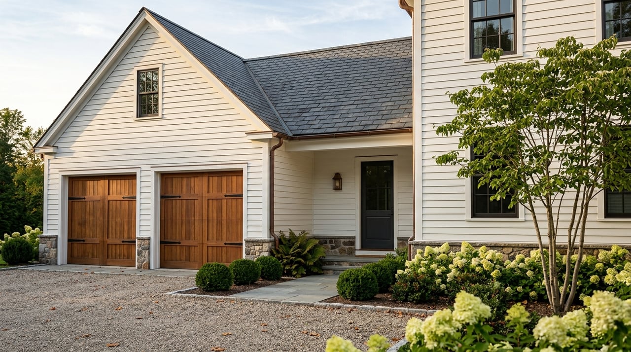 Exterior side approach to a home, with stone hardscaping and named planting.