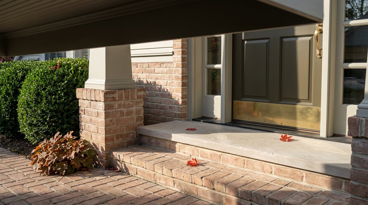 Brick entry steps lead to a bronze-green door with patinated brass hardware, scattered with red maple leaves.
