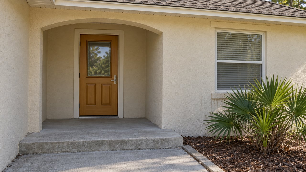Cream stucco home entrance with a honey-colored door, white-framed window, concrete steps and a single saw palmetto.