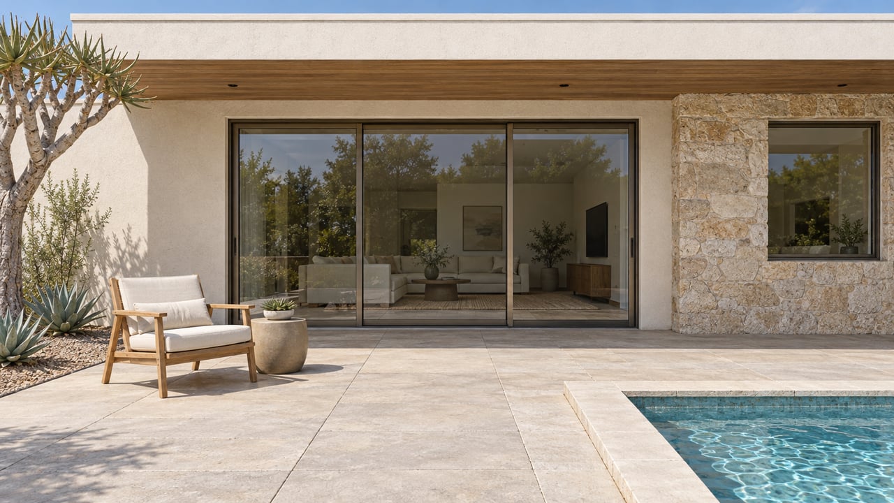 Sunlit single-story home with ivory stucco, bronze-framed glass doors, a shaded teak chair, and a pale-blue pool corner.