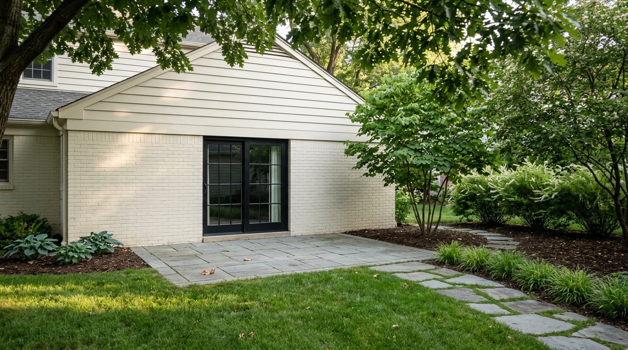 Two-story home with a bluestone patio, stepping-stone lawn path, and leafy garden bed beneath mature trees.