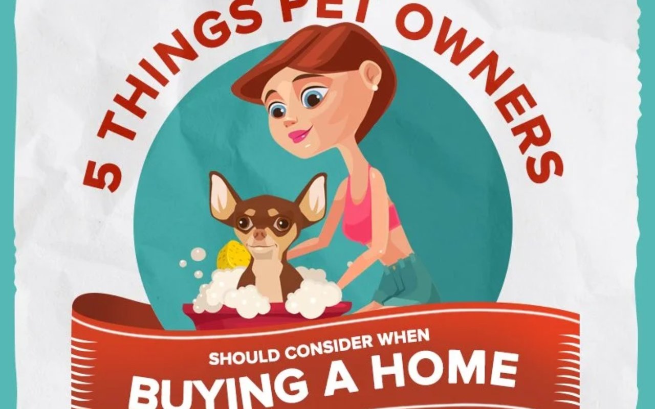 Illustration of a woman bathing a small dog beside text about buying a home as a pet owner.
