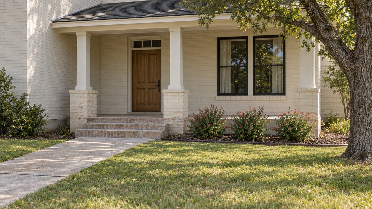 Cream brick home with a shaded oak entry door, paired black-framed windows, a concrete approach and an established lawn beside a mature post oak.