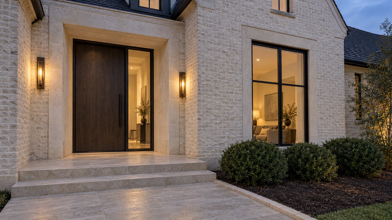 Cream masonry home entry at dusk with a dark oak door, tall black-framed glazing, limestone steps, and three low yaupon hollies.