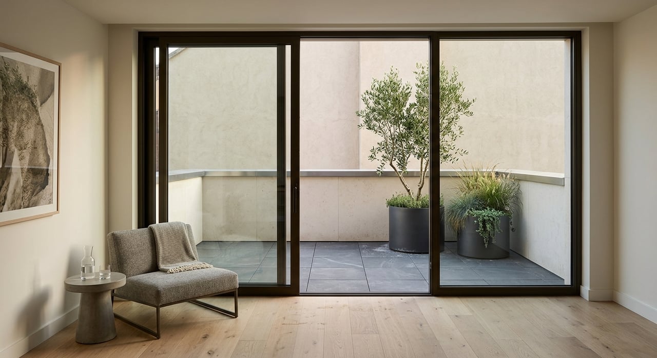 Bronze-framed sliding doors open onto a compact terrace with charcoal planters, a Japanese maple, and grasses.