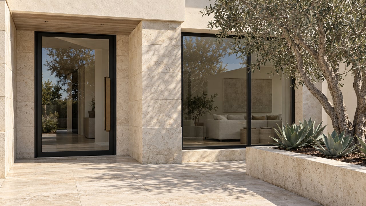 Limestone and stucco residential entrance with black-framed glazing, a travertine approach and an olive tree in a raised stone planter.