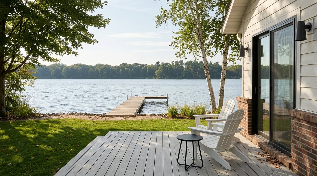 White Adirondack chairs and a black table on a deck overlook a lawn, rocky shore, cedar dock, and calm water.