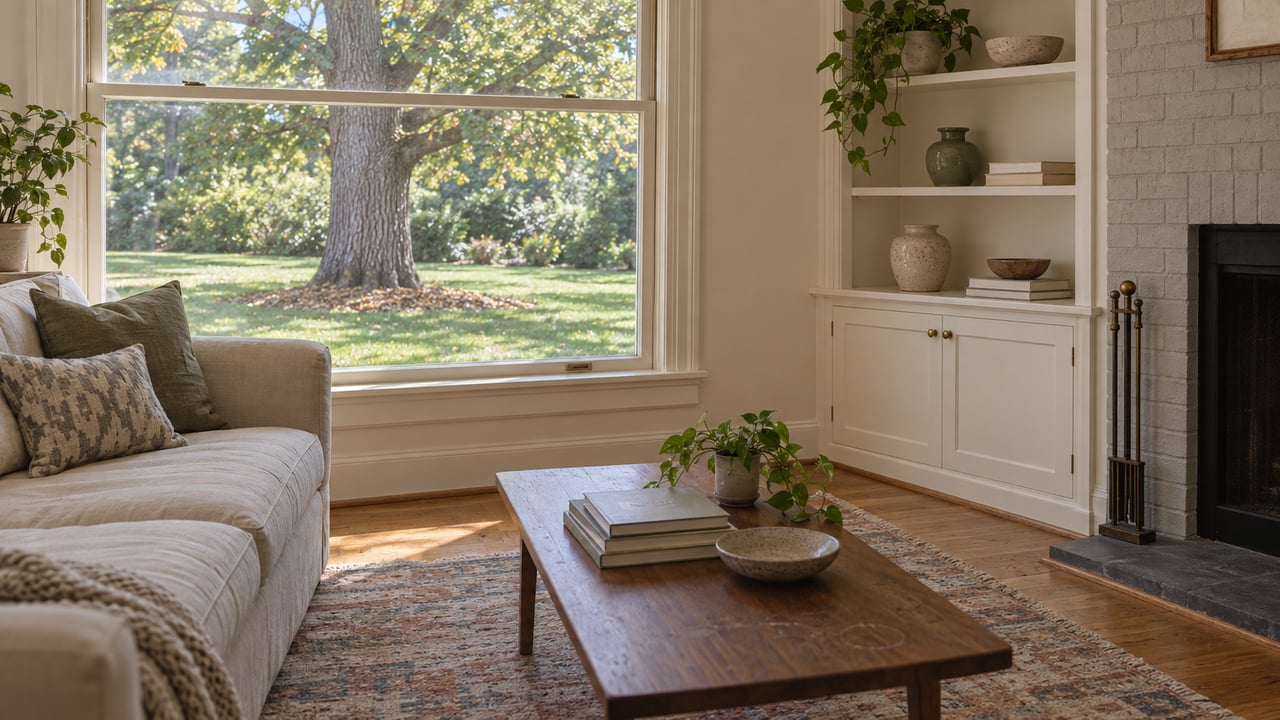 Living room with a linen sofa, walnut coffee table, and oak tree visible through the window.