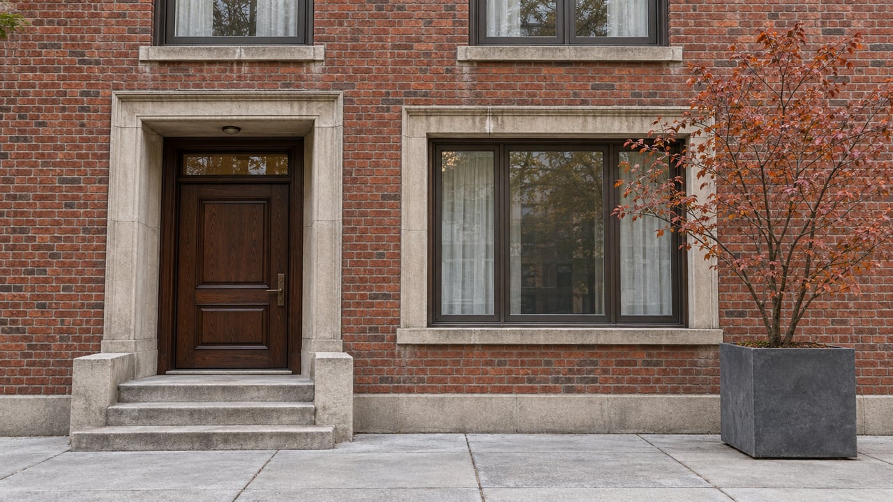Red-brick residence with bronze-framed windows, a dark oak doorway, worn limestone steps and one planter with autumn serviceberry leaves.
