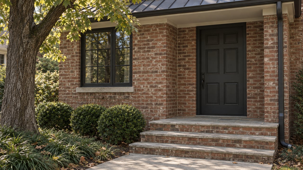 Brick home entry with a charcoal paneled door, divided-light window, broad steps, and oak canopy.