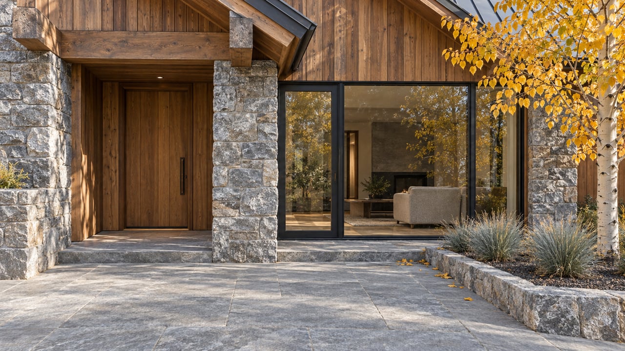 Autumn sunlight on a timber-and-stone home entrance, with golden aspen leaves beside a gray stone approach.