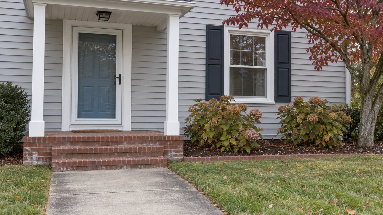 Gray-sided home with a covered brick stoop, blue front door, and an autumn dogwood beside the concrete walk.
