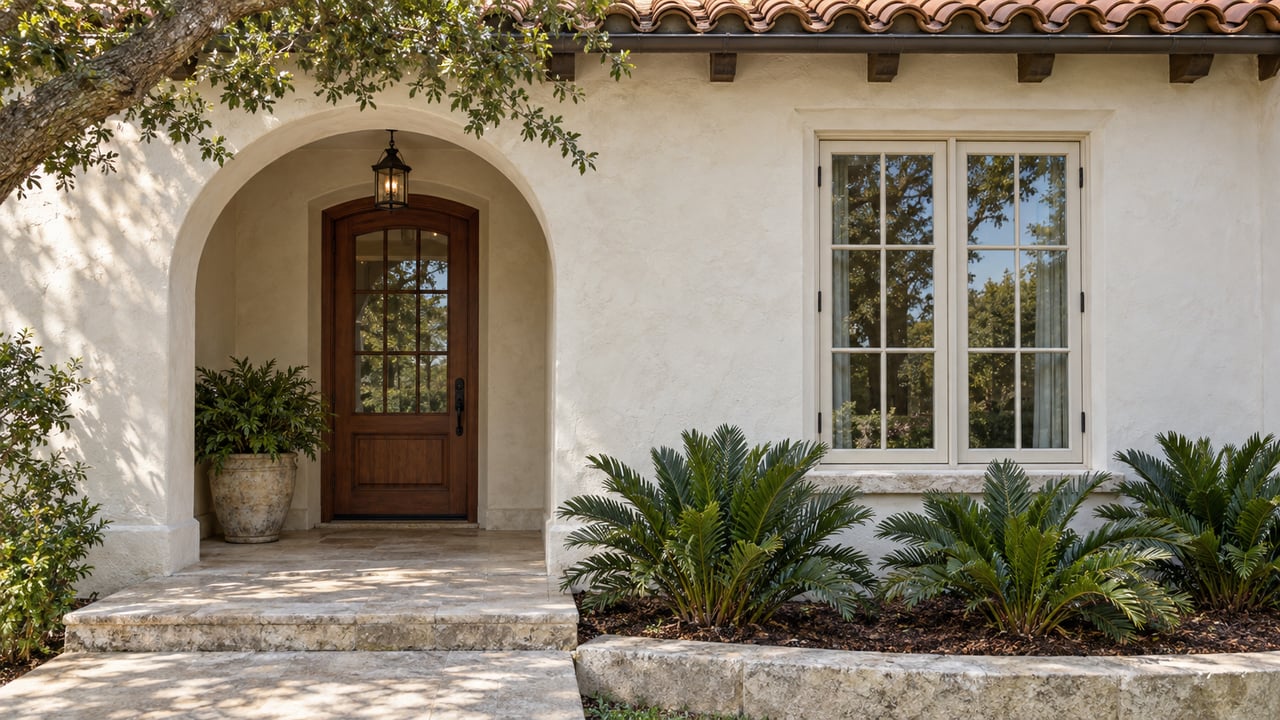 Ivory stucco entry arch and recessed timber door beside a divided casement window, beneath terracotta tiles.