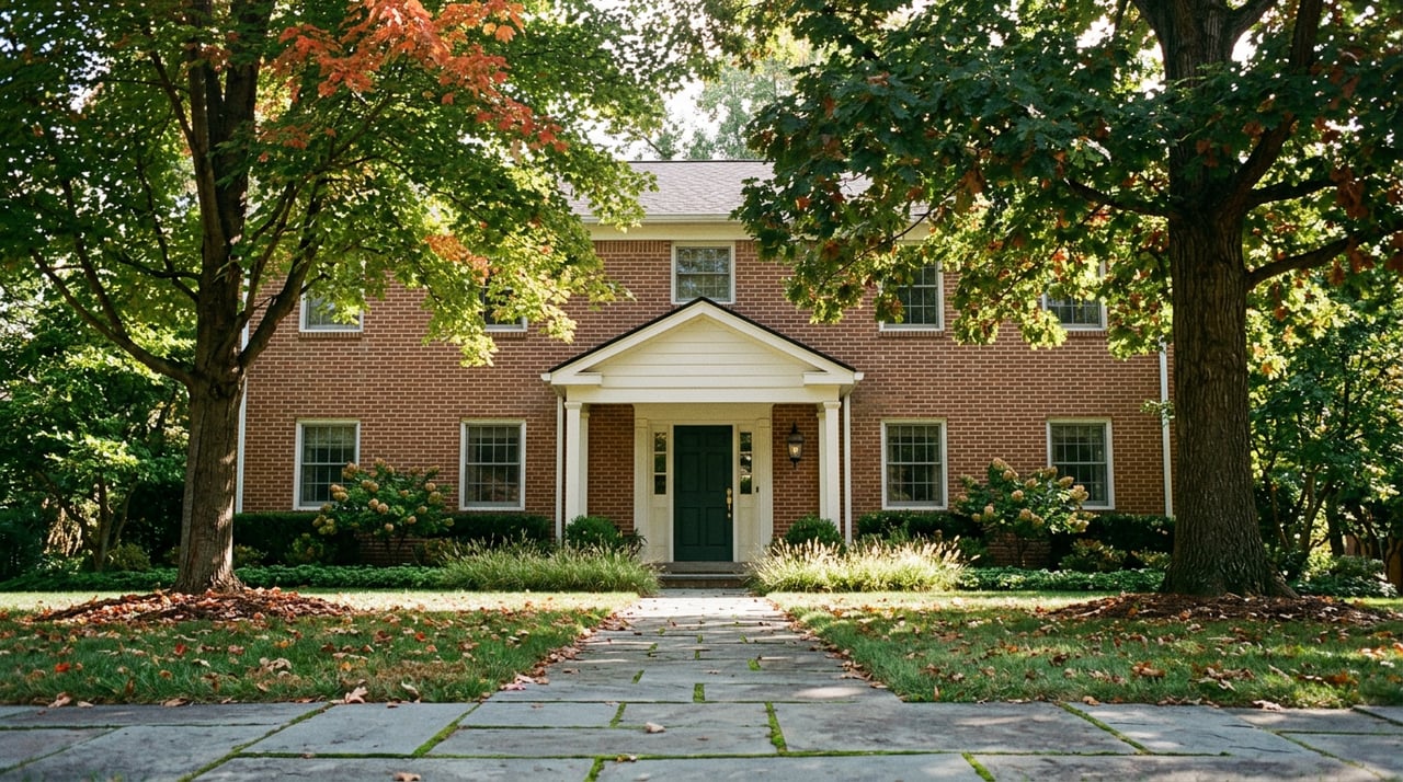 Brick two-story home framed by autumn trees, with fallen leaves scattered across the front walk.