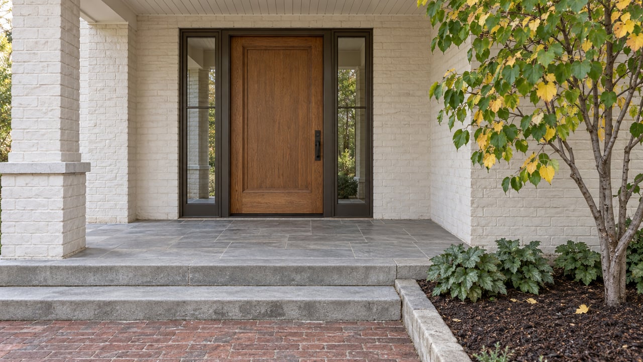 White painted brick covered entry with an oak door, paired glazed sidelights, limestone steps, and a redbud beside the approach.