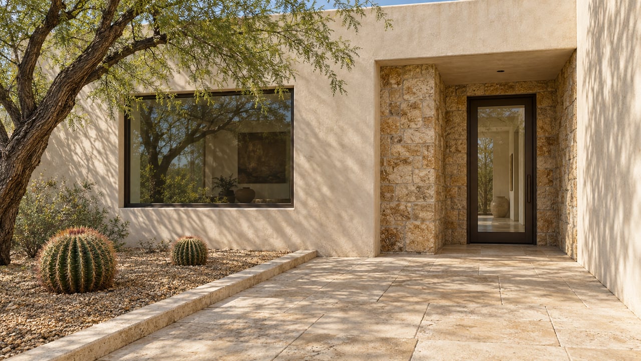 Stone-lined glass entry and bronze-framed window in a warm stucco home, beside a limestone terrace, mature mesquite and two barrel cacti.
