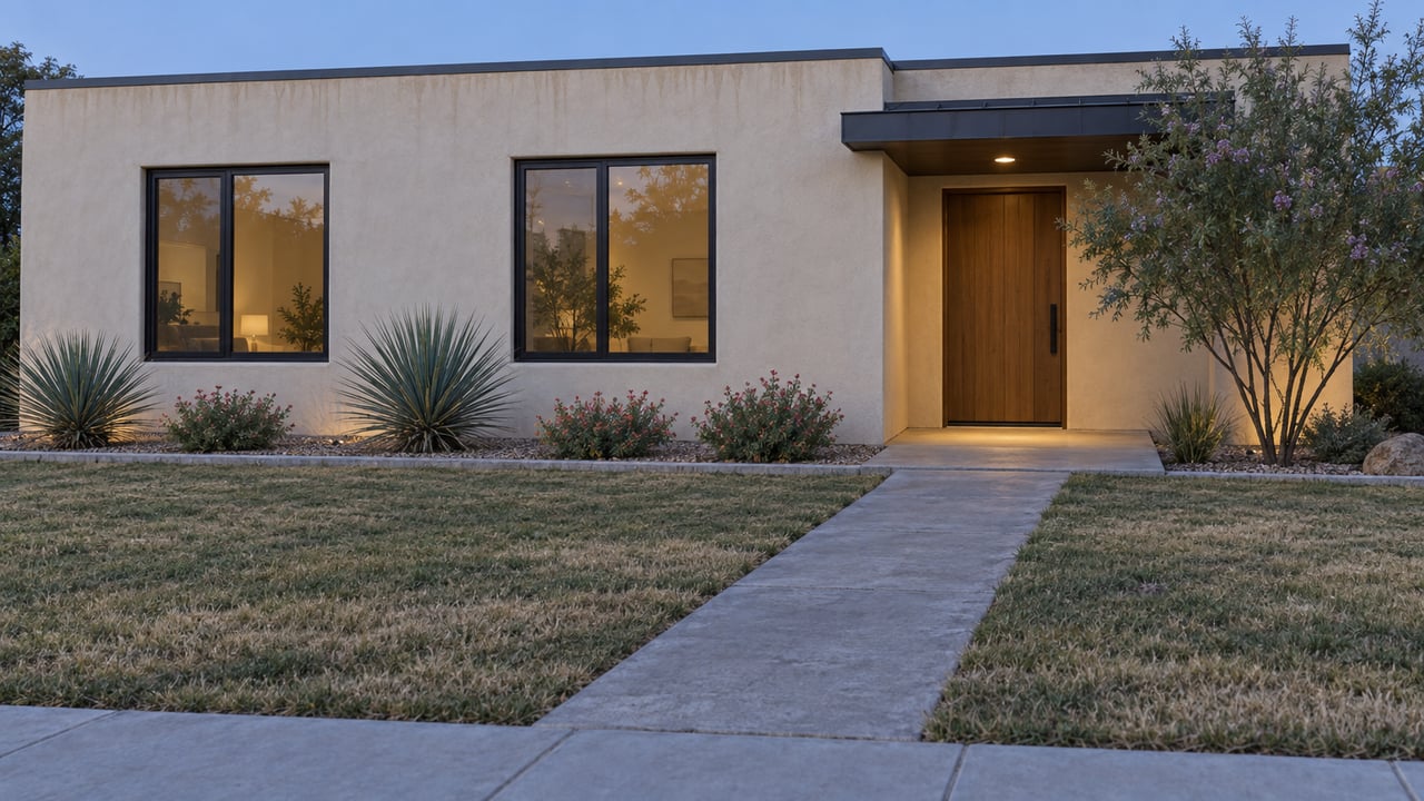 Single-story ivory stucco home with a recessed oak door, blue-hour sky, and a warm porch light.