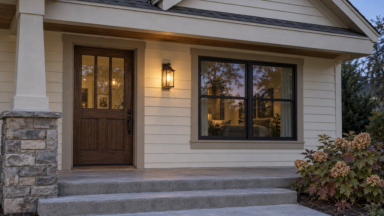 A covered residential entrance at dusk with cream lap siding, a glazed oak door, stone porch pier and oakleaf hydrangea beside concrete steps.