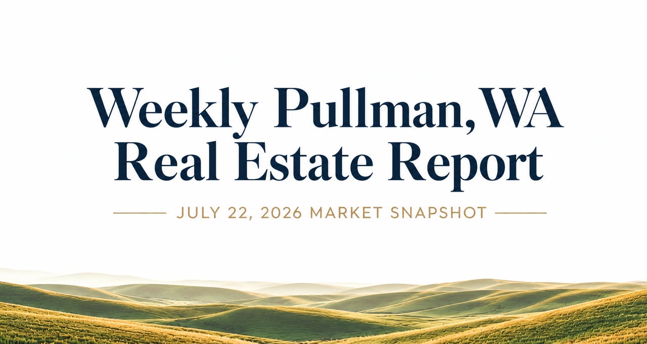 Professional blog header for Jordan Vorderbrueggen's July 22, 2026 weekly Pullman, WA real estate market report featuring Palouse hills and current housing market activity.