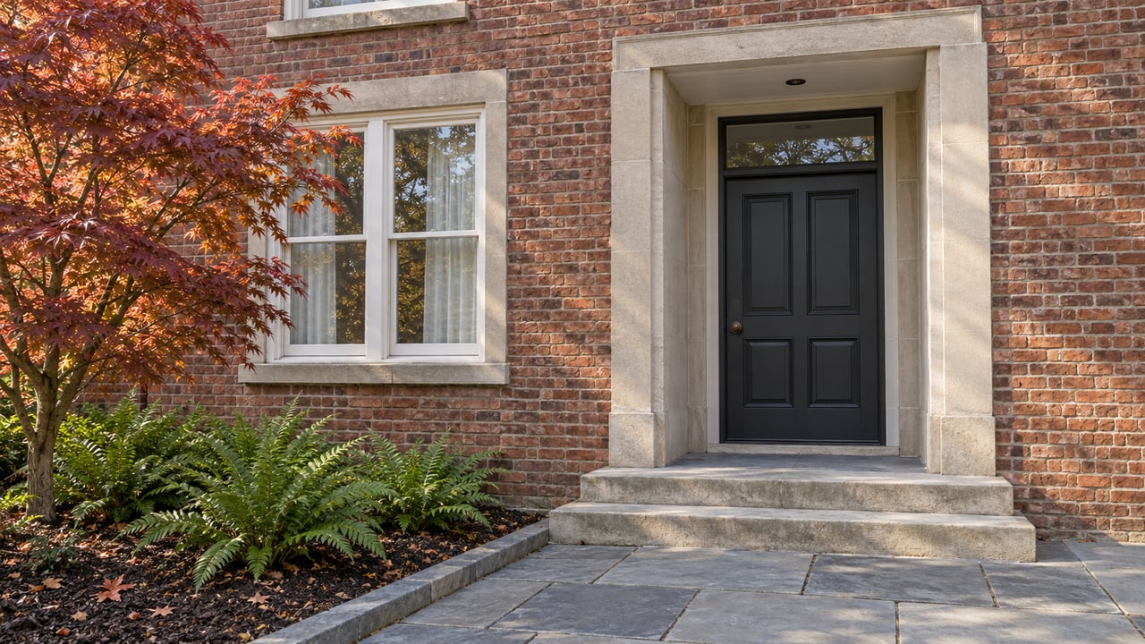 Brick house entrance with a limestone surround, charcoal door, bluestone steps and an autumn Japanese maple.