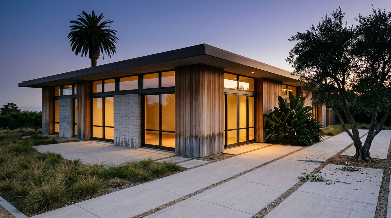 Pavilion windows glow at dusk beside a palm, olive tree, and grid-patterned paving.