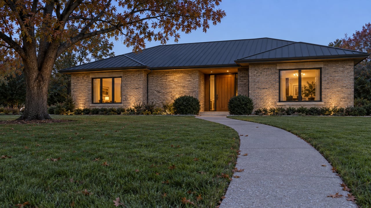 Buff brick home with an oak door, glowing windows, and a curved path across the lawn at dusk.