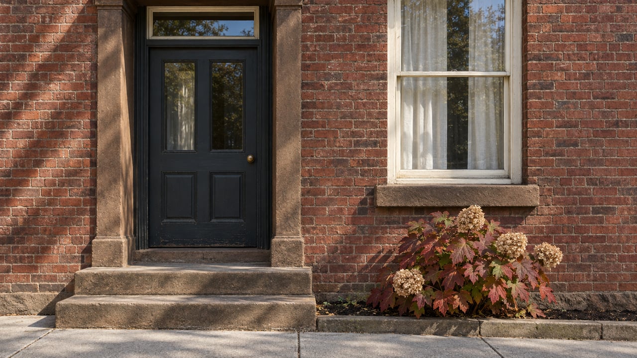 Historic red-brick home entrance with a charcoal timber door, worn sandstone steps, cream sash window and an autumn oakleaf hydrangea.