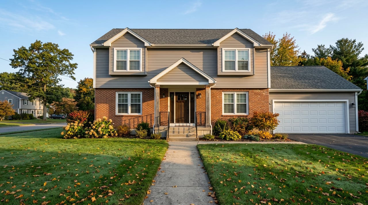 Two-story suburban house with russet brick below gray siding, a white garage door, and a covered entry.