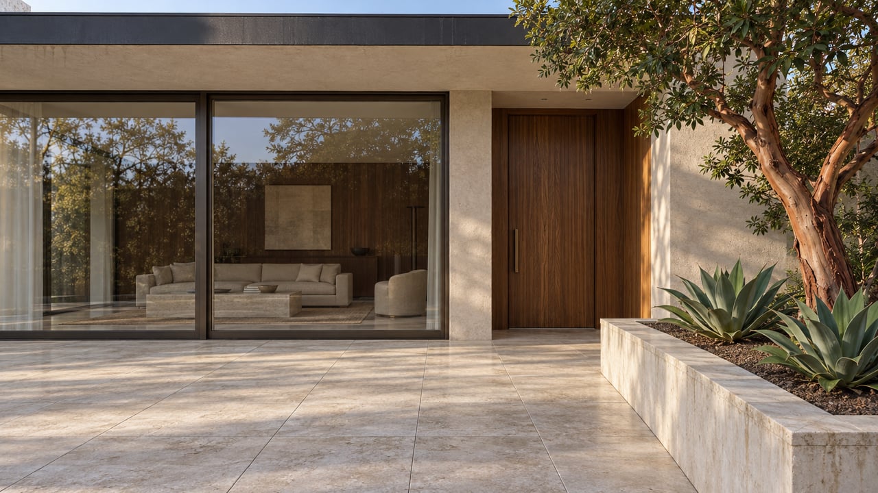 A quiet limestone terrace beside closed bronze-framed glass, a walnut entry door and a raised bed with a sculptural strawberry tree and three agaves.