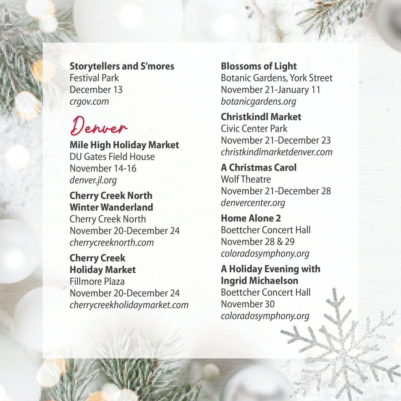 Graphic for 2025 Holiday Events featuring a silver snowflake between the numbers '20' and '25', holiday-themed background with pine branches and ornaments, and The Meridian Group Real Estate logo.