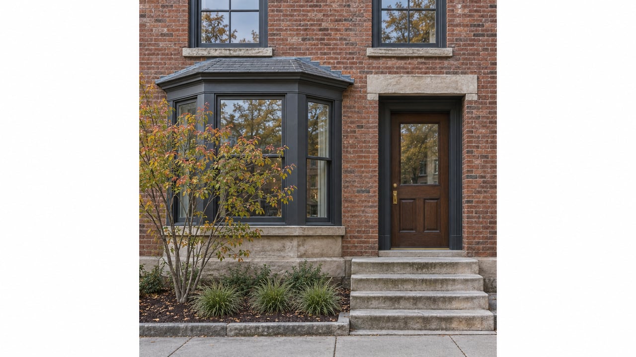 Brick townhouse facade with a projecting bay, recessed oak door, stone stoop, and small planting bed.