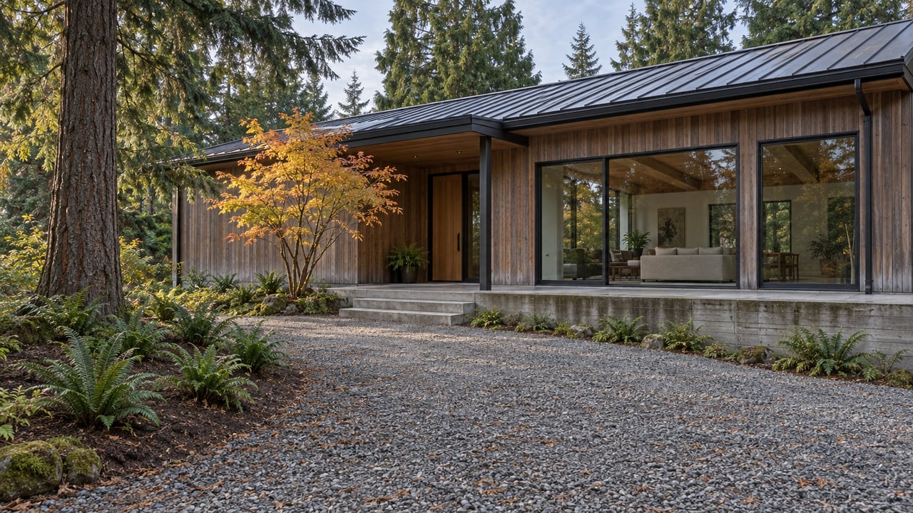 Cedar-clad house with broad windows, a gravel approach and concrete entry steps among mature conifers and autumn foliage.